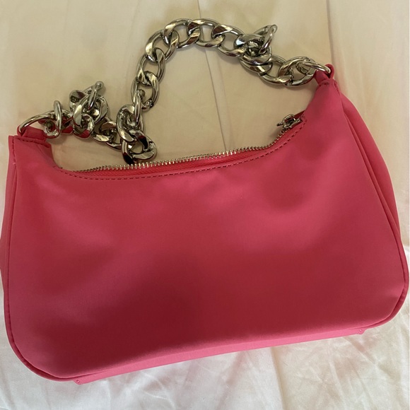Nylon Curved 90s Shoulder Bag Purse Handbag with Silver Chain Strap Pink - Picture 10 of 12